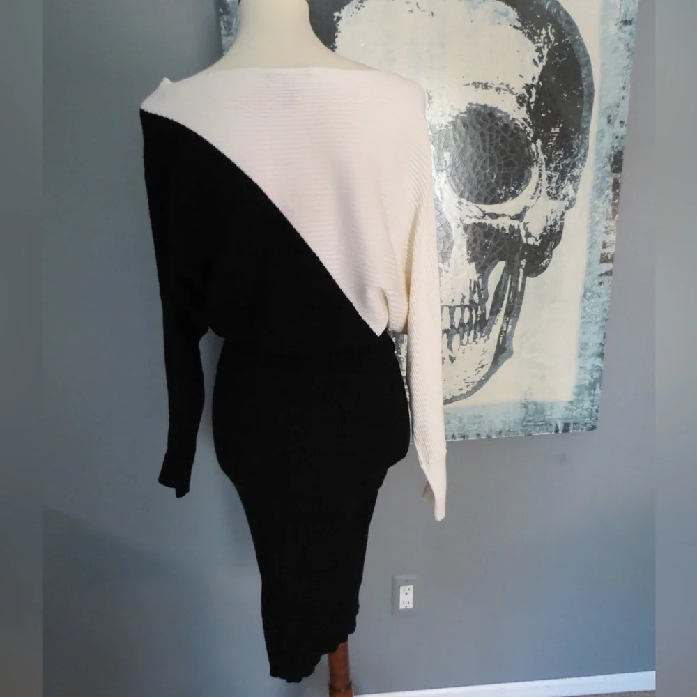 Black and White Asymmetrical Sweater Dress - Picture 4 of 4